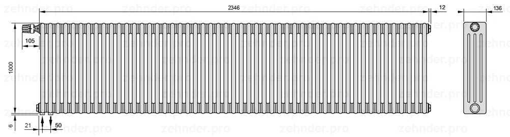 Схема (чертеж) Радиатор Zehnder Charleston 4100/51 №V001 Белый глянцевый RAL 9016